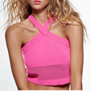 NWT Zara Tops | Pink Chenille Crop Top with Cross Strap | Pink | Small